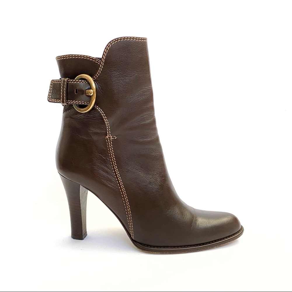 Coach nancie brown leather gold buckle chunky heel short ankle boots